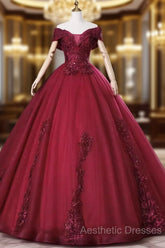 Wine Red Ball Gown Sweetheart Off Shoulder Long Party Dresses, Wine Red Sweet 16 Dresses